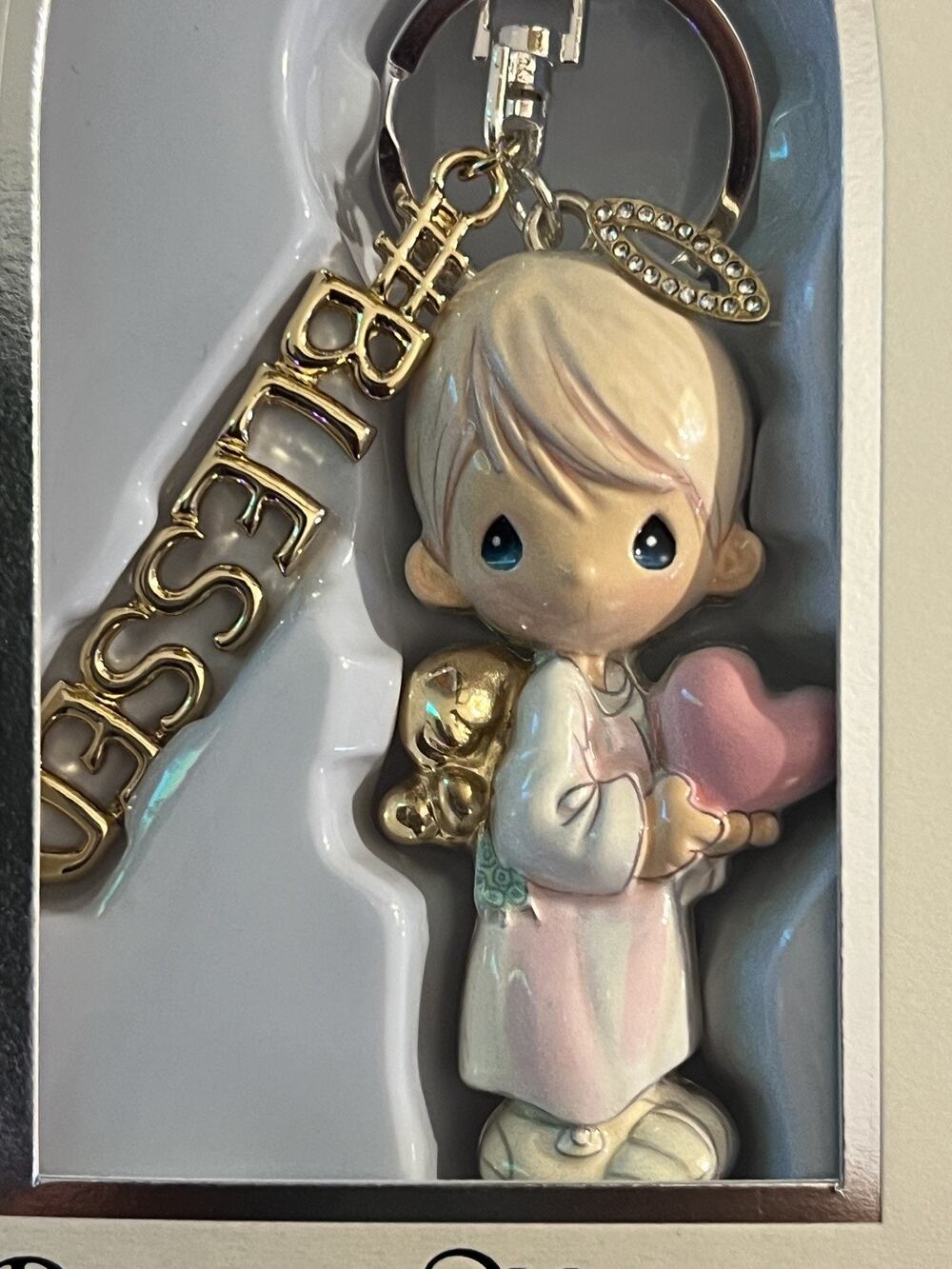PRECIOUS MOMENTS Angel Boy With Pink Heart & Blessed BAG CHARM Key Chain NEW!